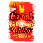 Imagem estilizada do personagem Iron Man, destacando as palavras "Genius", "Billionaire", "Playboy" e "Philanthropist" em uma paleta de cores vibrantes, com ênfase na armadura icônica do herói. Ideal para fãs de quadrinhos e cultura pop.