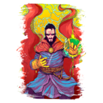 Ilustração colorida de um mago com capa vermelha e manto azul, exibindo habilidades mágicas. Ele tem um olhar intensamente sério e ergue a mão com um símbolo místico. O fundo é vibrante, com formas abstratas em amarelo e laranja, evocando um ambiente mágico.