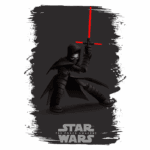 Ilustração de Kylo Ren, personagem de Star Wars: O Despertar da Força, empunhando um sabre de luz vermelho, com fundo escuro e a logo da franquia.