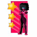 Personagem feminina com cabelo afro, vestindo um macacão preto e óculos azuis, posando de braços cruzados. Ao fundo, estrelas amarelas sobre um fundo rosa listrado.