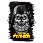 Ilustração de um personagem com um capacete preto, rosto esquelético e barba, acompanhado da frase "JJ I AM YOUR FATHER" em letras grandes e amarelas, com um fundo estilizado em preto e vermelho. Ideal para fãs de cultura pop e referências a filmes.