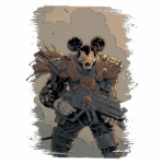 Personagem de quadrinhos com aparência de rato, vestindo uma armadura futurista e segurando uma arma de laser. O fundo apresenta um cenário nebuloso, enfatizando a atmosfera de ação e aventura.