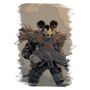 Personagem de quadrinhos com aparência de rato, vestindo uma armadura futurista e segurando uma arma de laser. O fundo apresenta um cenário nebuloso, enfatizando a atmosfera de ação e aventura.