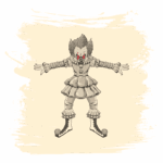 Ilustração de um palhaço assustador com cabelo desgrenhado e maquiagem grotesca, usando um traje de palhaço tradicional. Ele possui olhos vermelhos e uma expressão ameaçadora, com os braços abertos em uma pose intimidante. Fundo em tons neutros com texturas que destacam a figura.