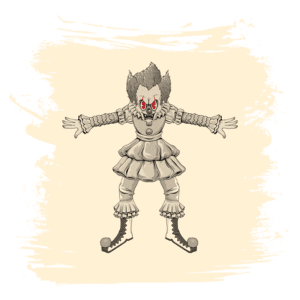 Ilustração de um palhaço assustador com cabelo desgrenhado e maquiagem grotesca, usando um traje de palhaço tradicional. Ele possui olhos vermelhos e uma expressão ameaçadora, com os braços abertos em uma pose intimidante. Fundo em tons neutros com texturas que destacam a figura.