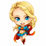 Ilustração de uma super-heroína estilo chibi com cabelo loiro e olhos azuis, vestindo um traje clássico com capa vermelha e detalhes em azul e amarelo, exibindo uma expressão confiante e alegre.