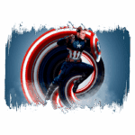 Homem de Ferro em ação, vestindo seu icônico traje azul e vermelho, enquanto segura seu escudo. O fundo apresenta um efeito dinâmico em espiral, com cores vibrantes que destacam o personagem. Ideal para fãs de quadrinhos e filmes de super-heróis.