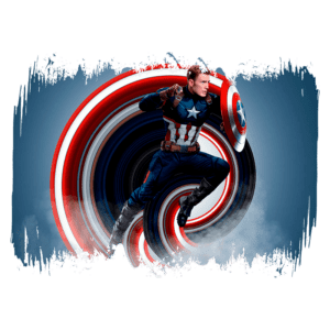 Homem de Ferro em ação, vestindo seu icônico traje azul e vermelho, enquanto segura seu escudo. O fundo apresenta um efeito dinâmico em espiral, com cores vibrantes que destacam o personagem. Ideal para fãs de quadrinhos e filmes de super-heróis.