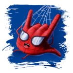 Personagem animado de aranha vermelha com estilo cartoon, usando óculos grandes e expressando alegria, pendurado em uma teia sobre um fundo azul. Ideal para conteúdos sobre super-heróis e cultura pop.