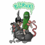Imagem de uma cena da série "Rick and Morty", mostrando um personagem em forma de picles, vestido de forma heróica e segurando uma arma, montando em um rato que parece assustado e chorando. Acima, a frase "I'm Pickle Rick!" em estilo cartoon. Ideal para fãs de animação e cultura pop.