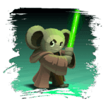 Personagem de desenho animado com aparência de koala, usando um manto e segurando um sabre de luz verde em um fundo gradiente.