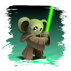 Personagem de desenho animado com aparência de koala, usando um manto e segurando um sabre de luz verde em um fundo gradiente.