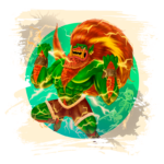 Ilustração de um personagem poderoso e musculoso, com pele verde e cabelos avermelhados. O personagem exibe uma expressão de fúria, envolvido por raios, com acessórios de peles e um fundo colorido que destaca elementos de esqueleto. Ideal para temas de quadrinhos, jogos ou arte de fantasia.