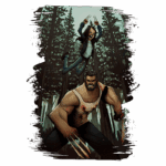 Ilustração de um homem musculoso com garras e sangue nas mãos, enfrentando uma jovem saltando sobre ele em uma floresta densa. A cena expressa tensão e ação, destacando personagens de estilo de quadrinhos.