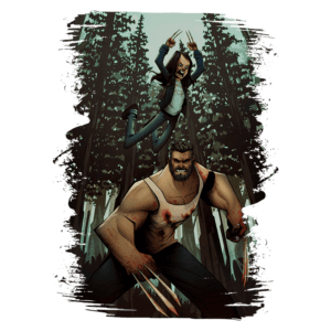 Ilustração de um homem musculoso com garras e sangue nas mãos, enfrentando uma jovem saltando sobre ele em uma floresta densa. A cena expressa tensão e ação, destacando personagens de estilo de quadrinhos.