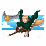 Personagem animado em vassoura voando em um céu azul, mirando no pomo de ouro do quadribol, vestido com a roupa verde da casa Sonserina.