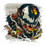 Ilustração digital de um crânio robótico com detalhes futuristas, apresentando circuitos e tubos coloridos, dentes expostos e uma atmosfera de ficção científica. Ideal para temas de tecnologia e design gráfico.