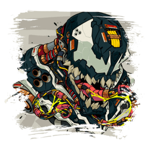 Ilustração digital de um crânio robótico com detalhes futuristas, apresentando circuitos e tubos coloridos, dentes expostos e uma atmosfera de ficção científica. Ideal para temas de tecnologia e design gráfico.