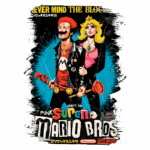 Ilustração estilizada de Mario e Princesa Peach em um design punk, com elementos gráficos vibrantes e referências ao jogo Super Mario Bros da Nintendo.