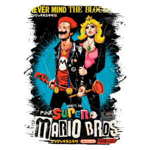 Ilustração estilizada de Mario e Princesa Peach em um design punk, com elementos gráficos vibrantes e referências ao jogo Super Mario Bros da Nintendo.