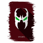 Máscara estilizada do personagem Spawn, com detalhes em verde e fundo marrom, representando a icônica figura dos quadrinhos.
