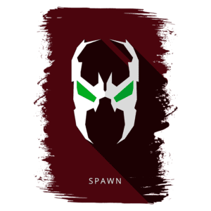 Máscara estilizada do personagem Spawn, com detalhes em verde e fundo marrom, representando a icônica figura dos quadrinhos.