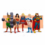 Imagem de cinco super-heroínas icônicas da DC Comics em estilo de arte animada. As personagens incluem a Mulher-Maravilha, a Caçadora, a Supergirl, a Hawkgirl e a Power Girl, todas vestindo seus trajes característicos e posando de forma poderosa em um fundo simples.