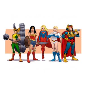 Imagem de cinco super-heroínas icônicas da DC Comics em estilo de arte animada. As personagens incluem a Mulher-Maravilha, a Caçadora, a Supergirl, a Hawkgirl e a Power Girl, todas vestindo seus trajes característicos e posando de forma poderosa em um fundo simples.