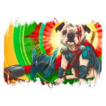 Ilustração de um cão da raça pug vestido como um super-herói, com armadura e capa, posicionado ao lado de um martelo e um capacete, em um fundo vibrante com cores brilhantes. Perfeito para amantes de animais e cultura pop.