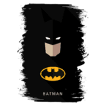 Ilustração estilizada do Batman com fundo preto, apresentando o rosto do personagem e seu icônico símbolo amarelo. Ideal para fãs de quadrinhos e cultura pop.