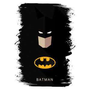 Ilustração estilizada do Batman com fundo preto, apresentando o rosto do personagem e seu icônico símbolo amarelo. Ideal para fãs de quadrinhos e cultura pop.