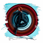 Personagem feminina em traje preto, segurando uma arma, saltando em um fundo circular colorido com redemoinhos em azul e vermelho.