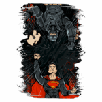 Ilustração de Superman e Batman em um confronto épico, com Superman levantando o punho em vitória e Batman em uma posição de ataque. O fundo apresenta uma explosão dramática com cores vibrantes, destacando a intensidade da batalha entre os dois super-heróis.