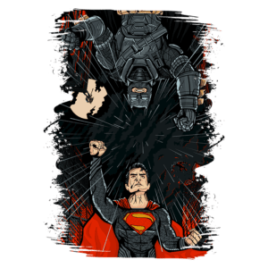 Ilustração de Superman e Batman em um confronto épico, com Superman levantando o punho em vitória e Batman em uma posição de ataque. O fundo apresenta uma explosão dramática com cores vibrantes, destacando a intensidade da batalha entre os dois super-heróis.
