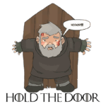 Personagem com barba e cabelo grisalho preso a uma porta, exibindo ferimentos no rosto, enquanto grita "Hodor!!!!". Ilustração divertida e humorística, referenciando a famosa frase da série "Game of Thrones".