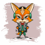 Personagem de raposa laranja em estilo cartoon, com um olhar confiante, usando um traje futurista e fones de ouvido. Fundo rosa suave. Ideal para ilustrações de arte digital e design de personagens.