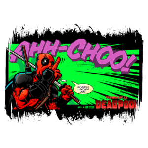 Imagem do Deadpool em estilo de quadrinhos, com ele fazendo um gesto de silêncio enquanto espirra. O fundo é verde vibrante, com texto em roxo dizendo "AHH-CHOO!" e uma fala que diz "My gosh! ...Excuse me!". Data de lançamento em fevereiro, com a marca "DEADPOOL" em destaque.