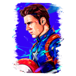 Ilustração digital de um super-herói com uniforme azul e vermelho, segurando um escudo icônico, em fundo vibrante. A imagem destaca detalhes faciais e expressões, capturando a essência do personagem.