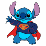 Stitch vestido como super-herói, usando uma camiseta com o símbolo do Superman e uma capa vermelha, posando com um gesto amigável em fundo verde.