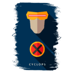 Imagem estilizada do personagem Ciclope dos X-Men, apresentando seu visor amarelo característico e o símbolo dos X-Men abaixo. Ideal para fãs de quadrinhos e cultura pop.