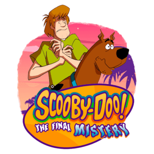 Imagem de Scooby-Doo e Salsicha em "Scooby-Doo! The Final Mystery", com fundo colorido e tropical, destacando a amizade entre o personagem humano e seu cachorro.