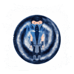 Personagem de luta inspirado em um ninja, com traje azul e máscara, em um fundo de efeito de movimento circular, representando uma atmosfera de poder e mistério.