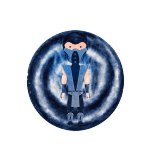 Personagem de luta inspirado em um ninja, com traje azul e máscara, em um fundo de efeito de movimento circular, representando uma atmosfera de poder e mistério.