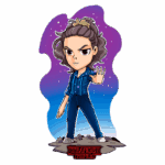 Ilustração de personagem estilizado da série Stranger Things, com cabelo cacheado e vestido com camisa azul e calças. O fundo apresenta uma atmosfera cósmica em tons de roxo e azul, destacando o título da série na parte inferior.