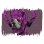 Ilustração de um cachorro com um capacete roxo estilizado, semelhante a um super-herói, em um fundo minimalista. O design destaca a expressão do animal e os detalhes do capacete, com um pequeno cachorro ao fundo, criando uma cena divertida e criativa.