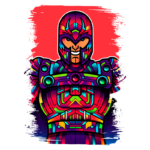 Ilustração colorida de um super-herói com armadura vibrante e capacete, fundo vermelho.