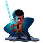 Personagem de desenho animado segurando um sabre de luz azul, com expressão determinada, em um cenário de batalha. Ele veste uma jaqueta laranja e está posicionado sobre um terreno rochoso.