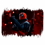 Imagem digital do personagem Deadpool, segurando uma arma moderna em um fundo vibrante. O personagem usa um traje preto e vermelho, com uma katana visível nas costas, destacando sua natureza anti-herói e humor irreverente.