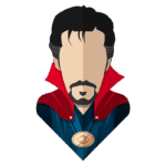Ilustração do personagem Doutor Estranho, vestido com uma capa vermelha e traje azul, destacando o símbolo místico em seu peito, representando a magia e o oculto no universo dos quadrinhos.