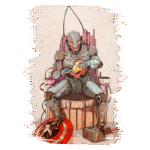 Robô futurista sentado em um trono, segurando um capacete enquanto ao seu redor estão um escudo e um martelo, representando elementos icônicos de super-heróis. Ilustração estilizada com detalhes em cores vibrantes.